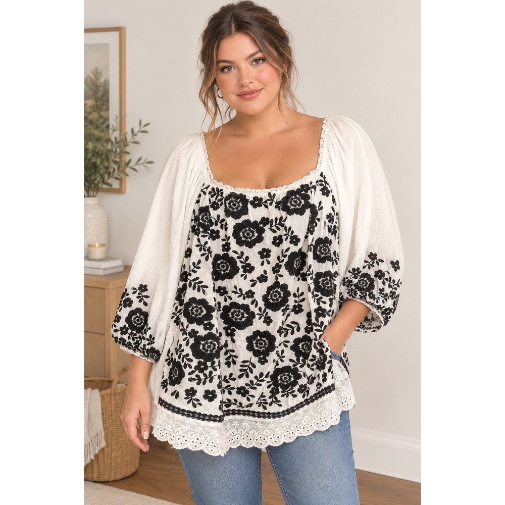 Savanna Jane NWT peasant embroidered top Size 3X white blue 3/4 sleeve Boho